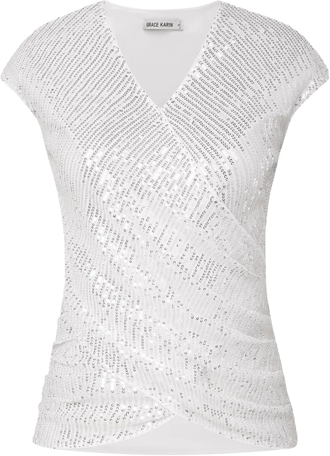 GRACE KARIN Womens Sparkle Sequin Top Shimmer Glitter Blouse Twist Front V Neck Cap Sleeve Club Party Shirt