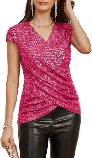 GRACE KARIN Womens Sparkle Sequin Top Shimmer Glitter Blouse Twist Front V Neck Cap Sleeve Club Party Shirt