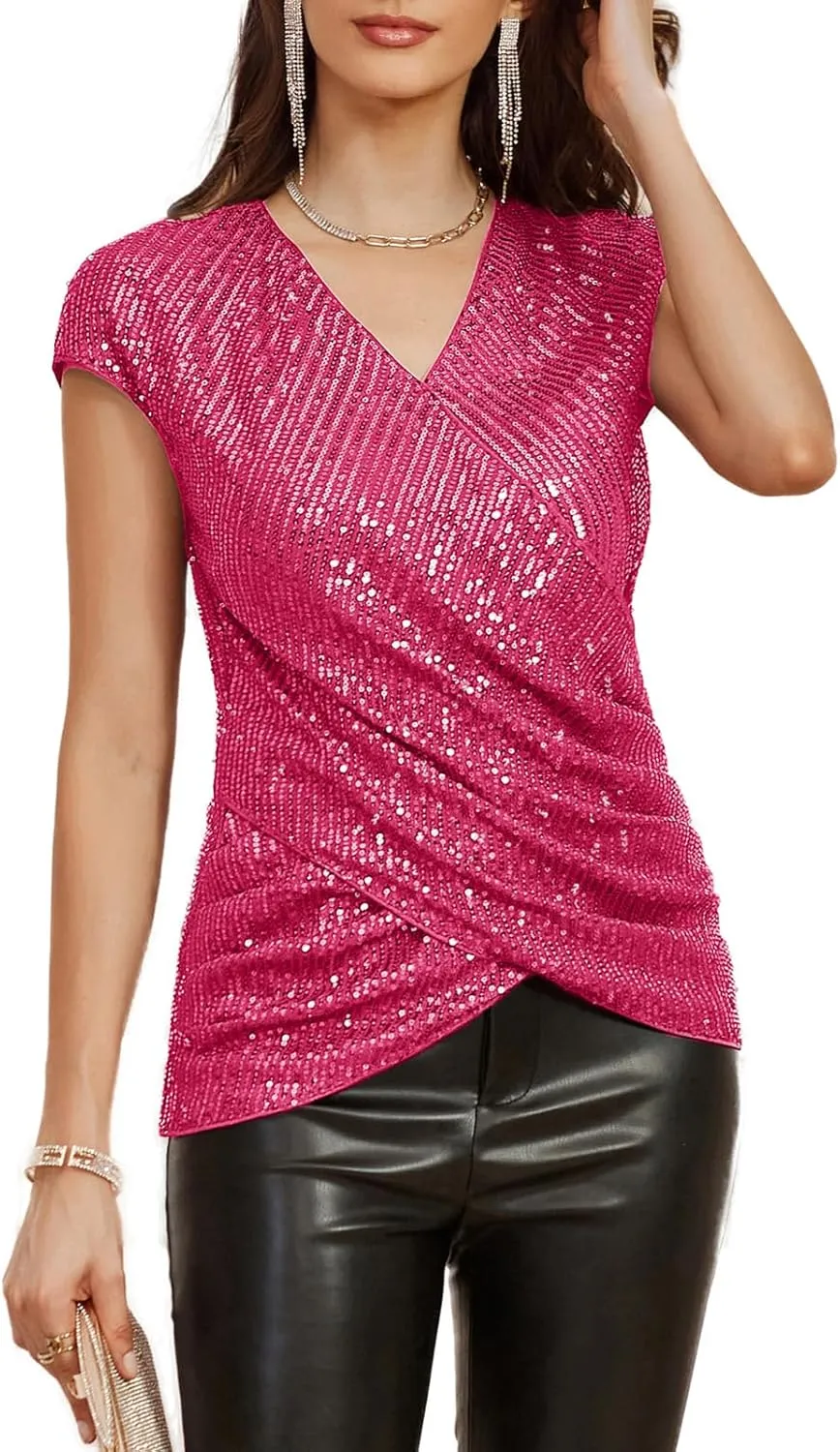 GRACE KARIN Womens Sparkle Sequin Top Shimmer Glitter Blouse Twist Front V Neck Cap Sleeve Club Party Shirt