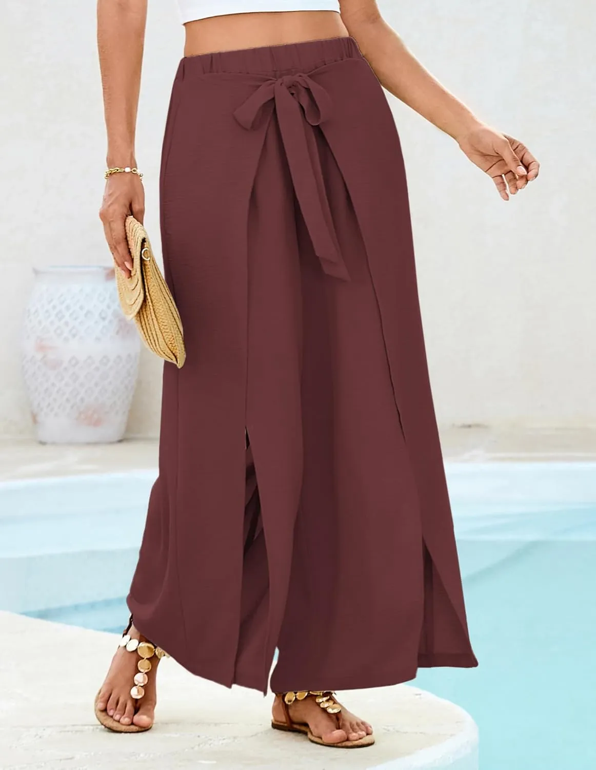 GRACE KARIN Women's Wide Leg Pants High Waisted Palazzo Beach Pants Tie Knot Summer Caual Split Flowy Trousers with Pockets