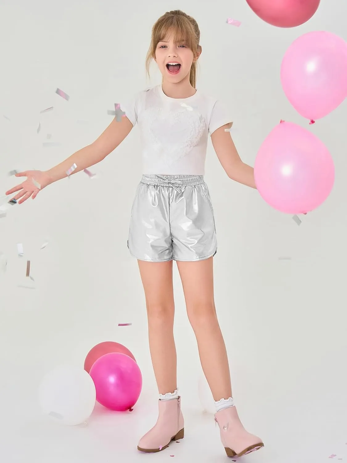 Haloumoning Girls Metallic Shorts Sparkly Dance Outfits Elastic Drawstring Shiny Hot Short Pants 5-14 Years