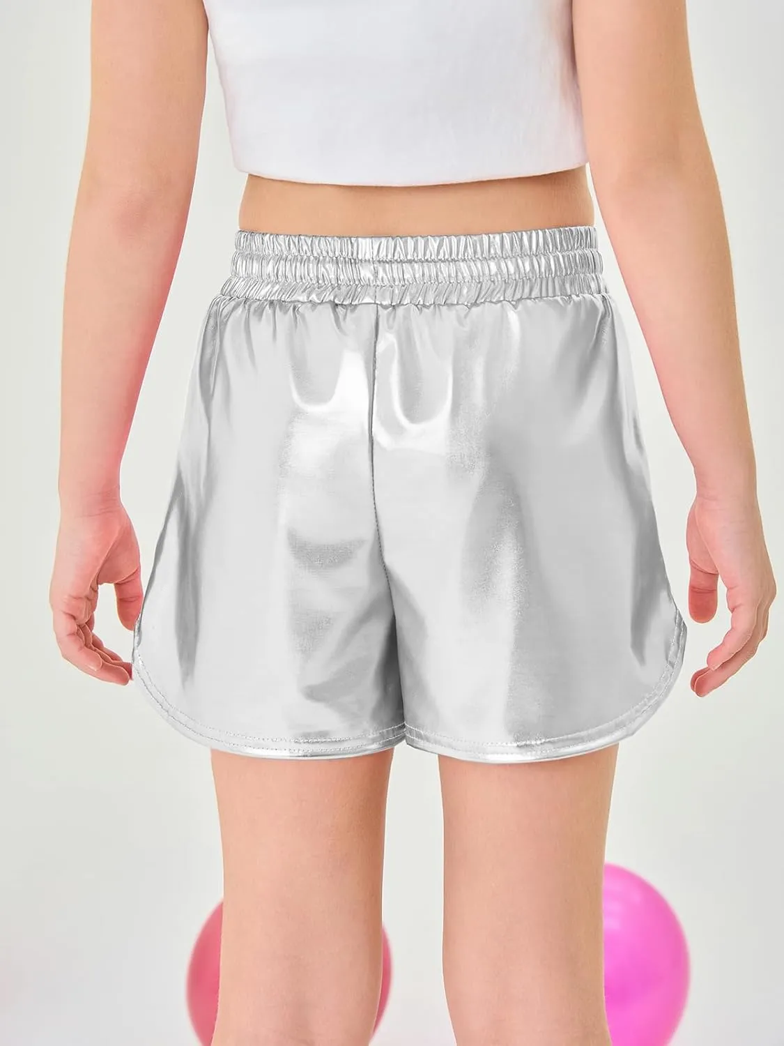 Haloumoning Girls Metallic Shorts Sparkly Dance Outfits Elastic Drawstring Shiny Hot Short Pants 5-14 Years