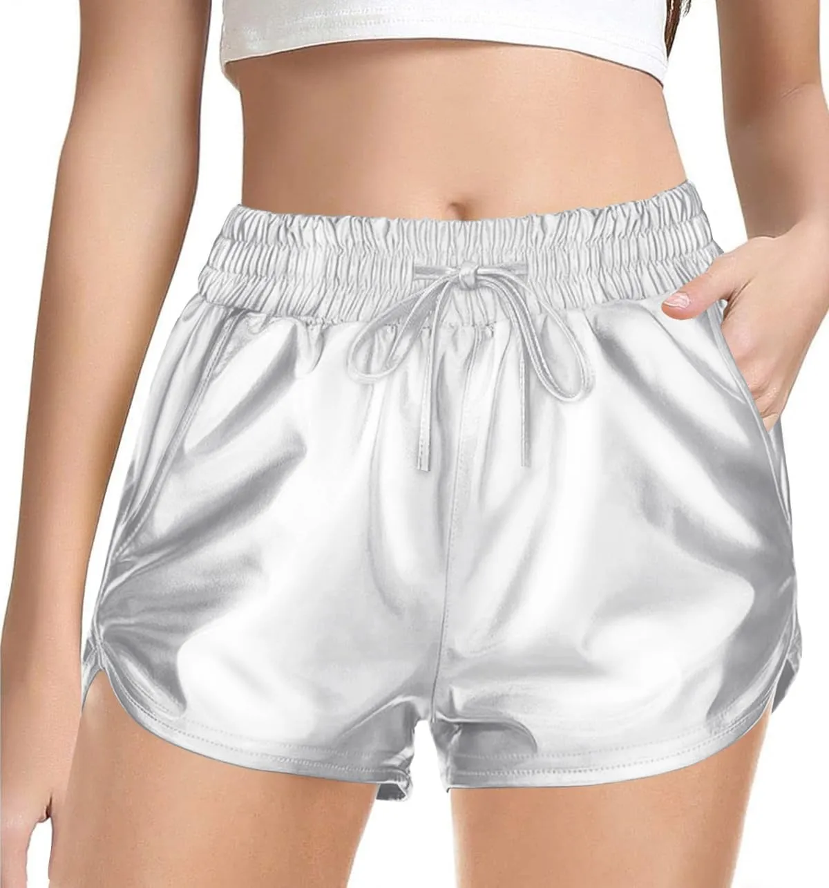 Haloumoning Girls Metallic Shorts Sparkly Dance Outfits Elastic Drawstring Shiny Hot Short Pants 5-14 Years