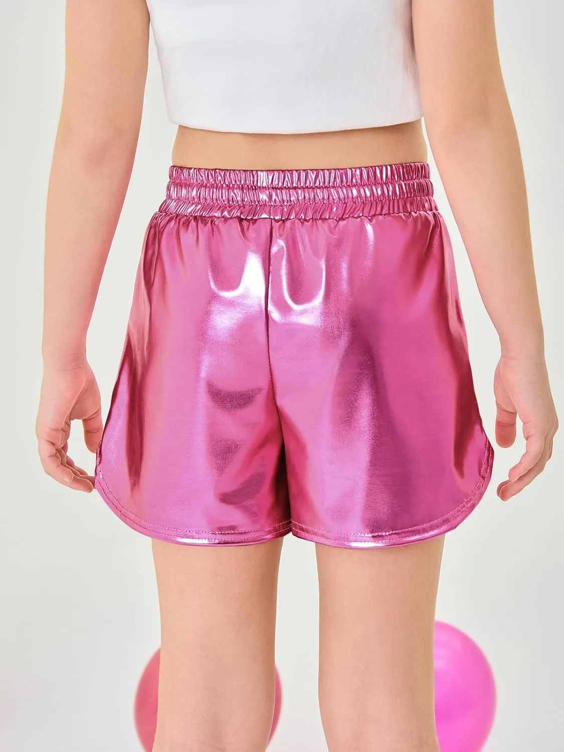 Haloumoning Girls Metallic Shorts Sparkly Dance Outfits Elastic Drawstring Shiny Hot Short Pants 5-14 Years