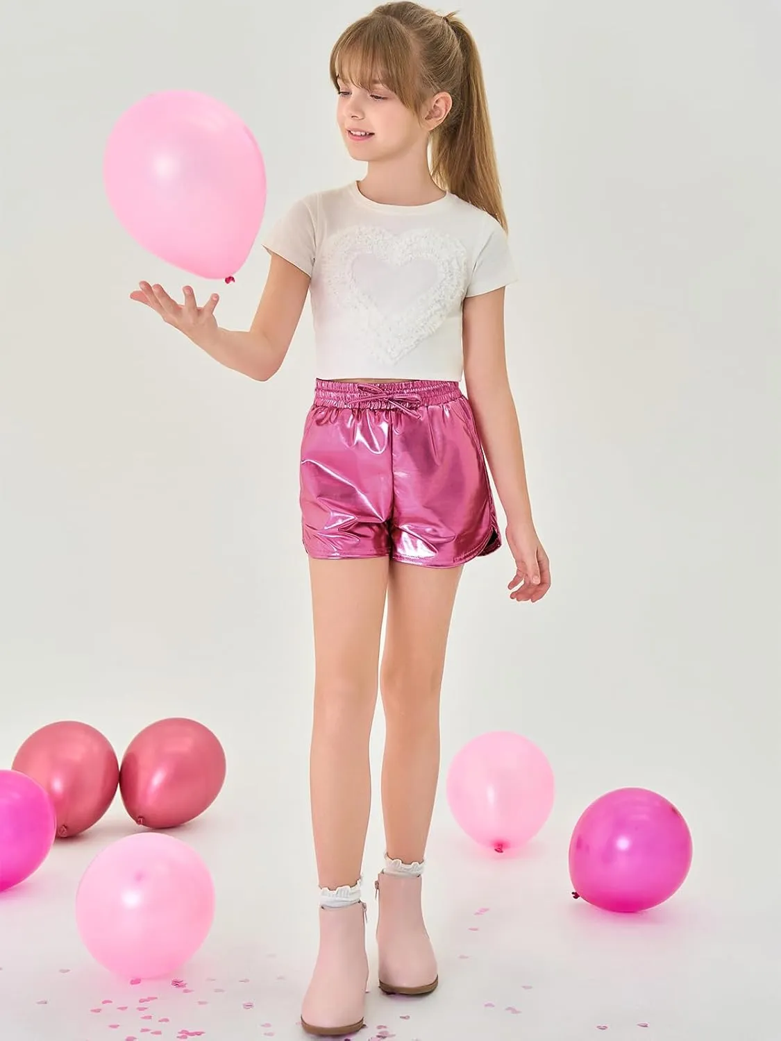 Haloumoning Girls Metallic Shorts Sparkly Dance Outfits Elastic Drawstring Shiny Hot Short Pants 5-14 Years