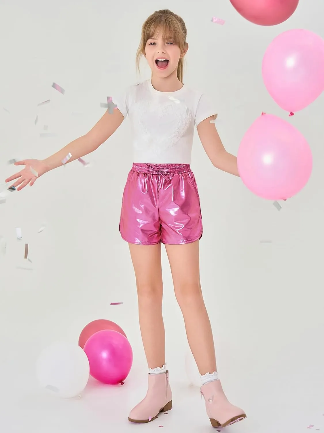 Haloumoning Girls Metallic Shorts Sparkly Dance Outfits Elastic Drawstring Shiny Hot Short Pants 5-14 Years
