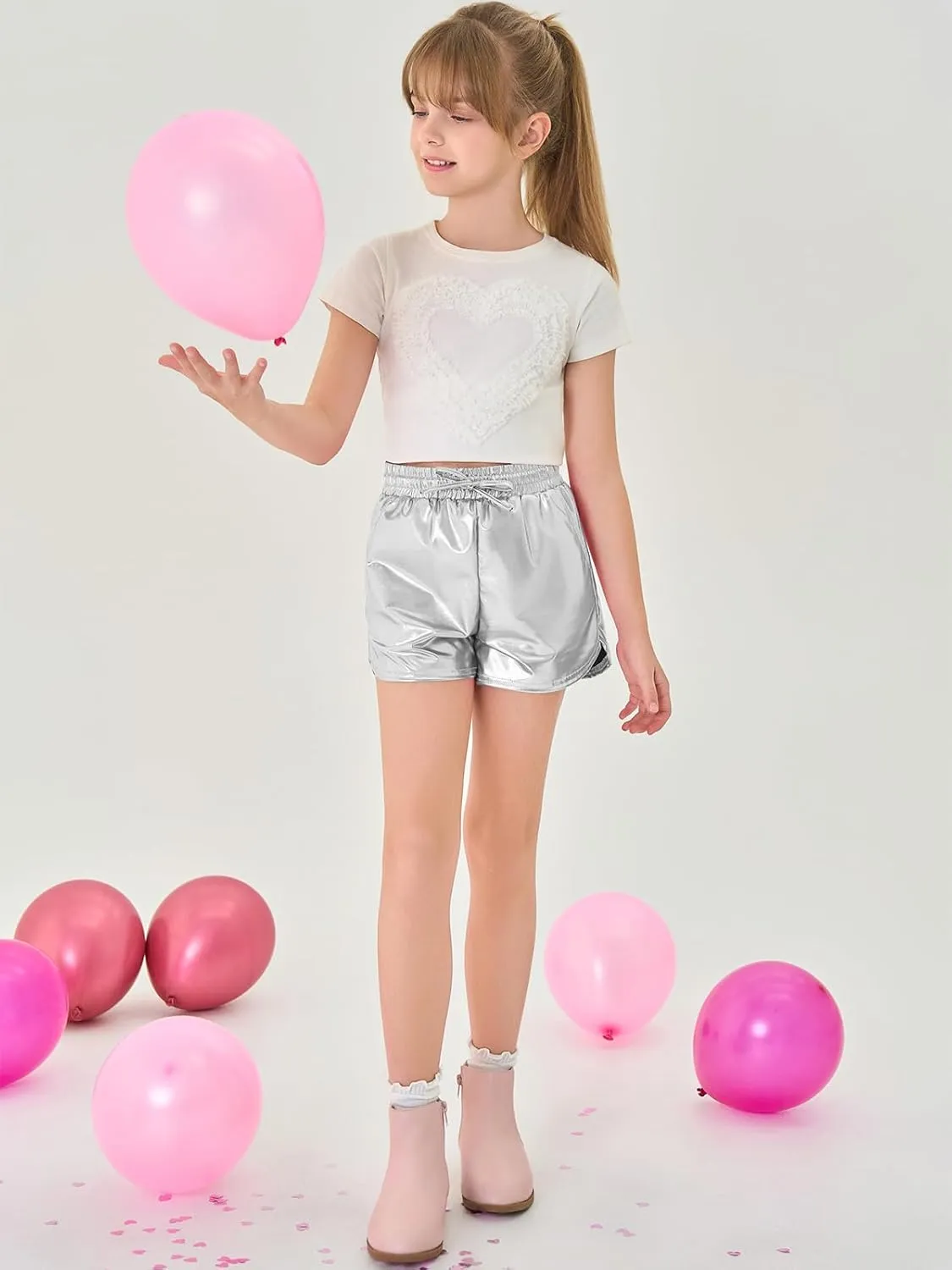 Haloumoning Girls Metallic Shorts Sparkly Dance Outfits Elastic Drawstring Shiny Hot Short Pants 5-14 Years