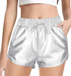 Haloumoning Girls Metallic Shorts Sparkly Dance Outfits Elastic Drawstring Shiny Hot Short Pants 5-14 Years