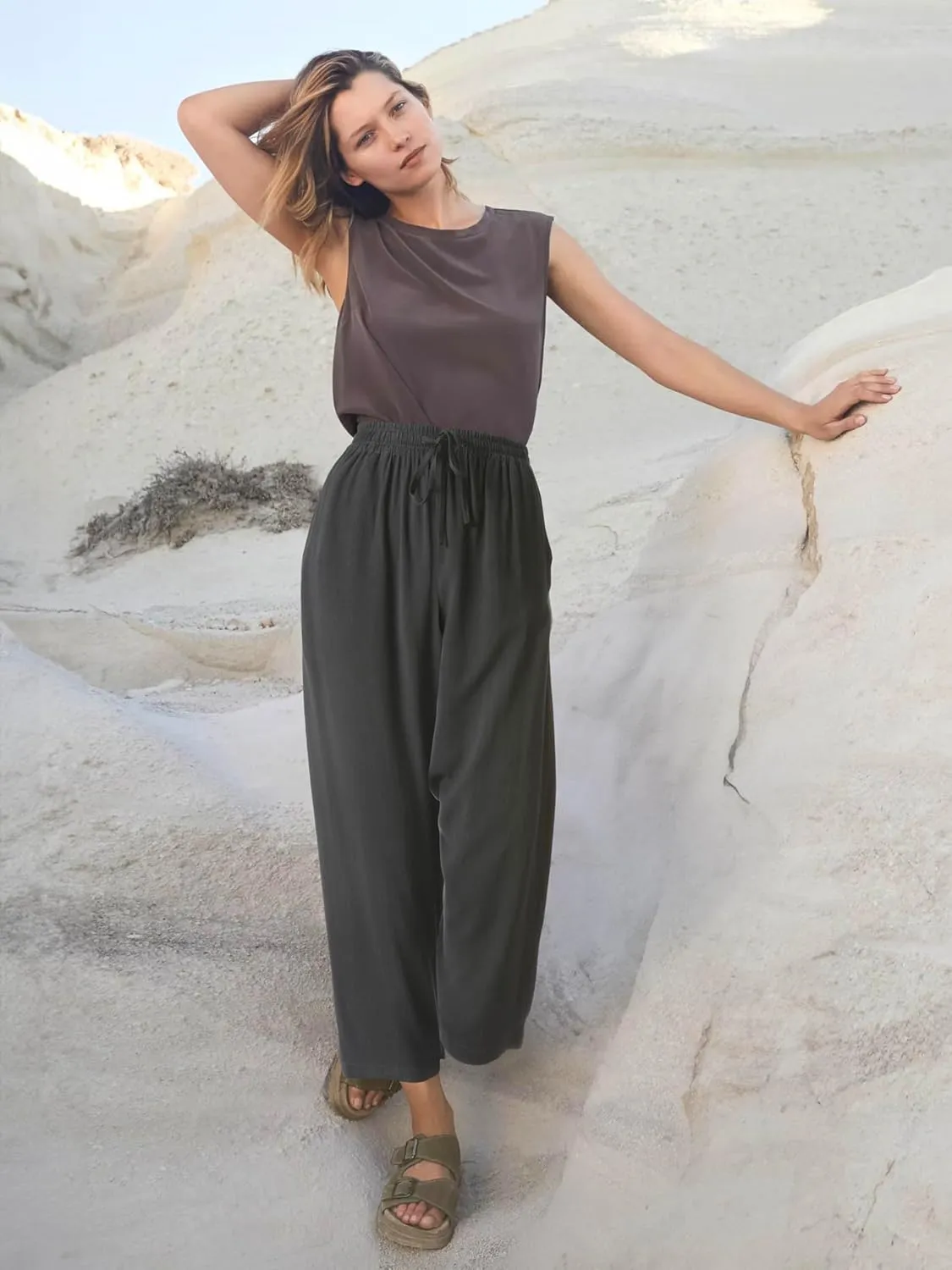 Hat and Beyond Womens Everyday Linen Pants Capri Casual Wide Leg Loose FIt High Waist Crop Trousers