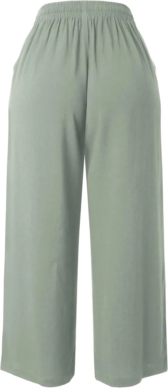 Hat and Beyond Womens Everyday Linen Pants Capri Casual Wide Leg Loose FIt High Waist Crop Trousers