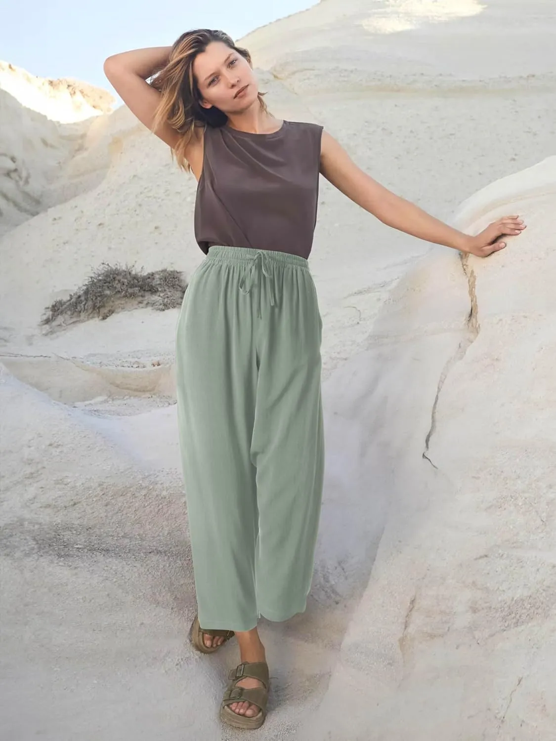 Hat and Beyond Womens Everyday Linen Pants Capri Casual Wide Leg Loose FIt High Waist Crop Trousers