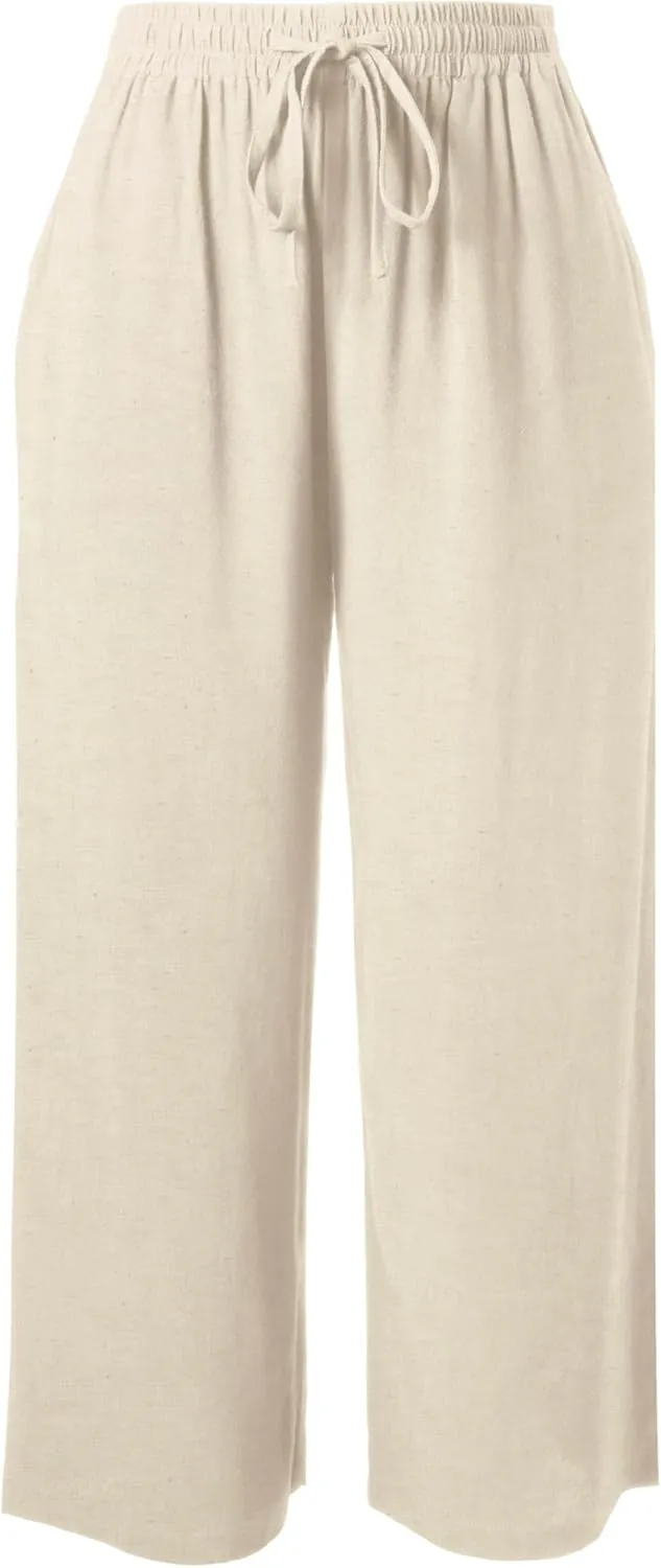 Hat and Beyond Womens Everyday Linen Pants Capri Casual Wide Leg Loose FIt High Waist Crop Trousers