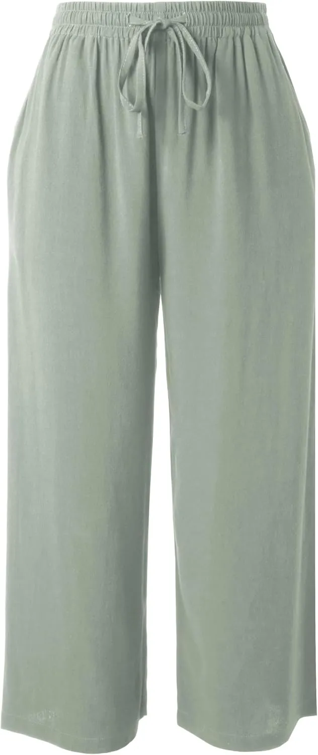 Hat and Beyond Womens Everyday Linen Pants Capri Casual Wide Leg Loose FIt High Waist Crop Trousers