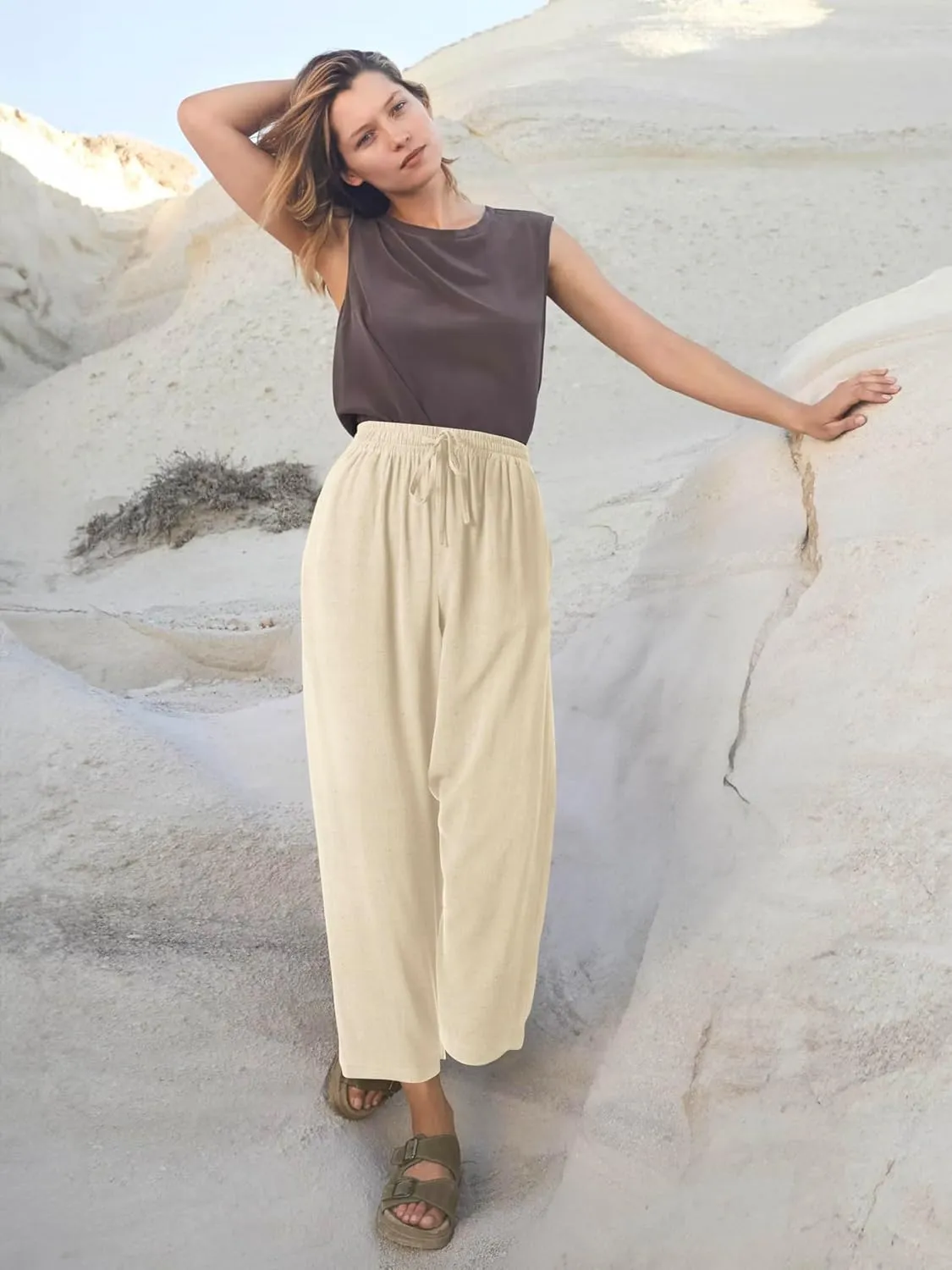 Hat and Beyond Womens Everyday Linen Pants Capri Casual Wide Leg Loose FIt High Waist Crop Trousers