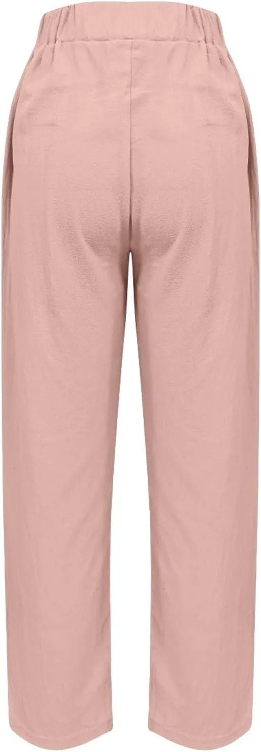 Hiking Pants Women Elastic Waist Loose Cargo Womens Capris Linen Cotton Summer Capri Pants for Women Stretch Petite