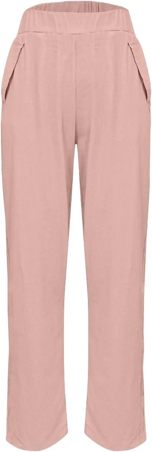 Hiking Pants Women Elastic Waist Loose Cargo Womens Capris Linen Cotton Summer Capri Pants for Women Stretch Petite