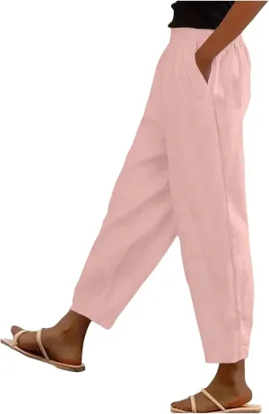 Hiking Pants Women Elastic Waist Loose Cargo Womens Capris Linen Cotton Summer Capri Pants for Women Stretch Petite