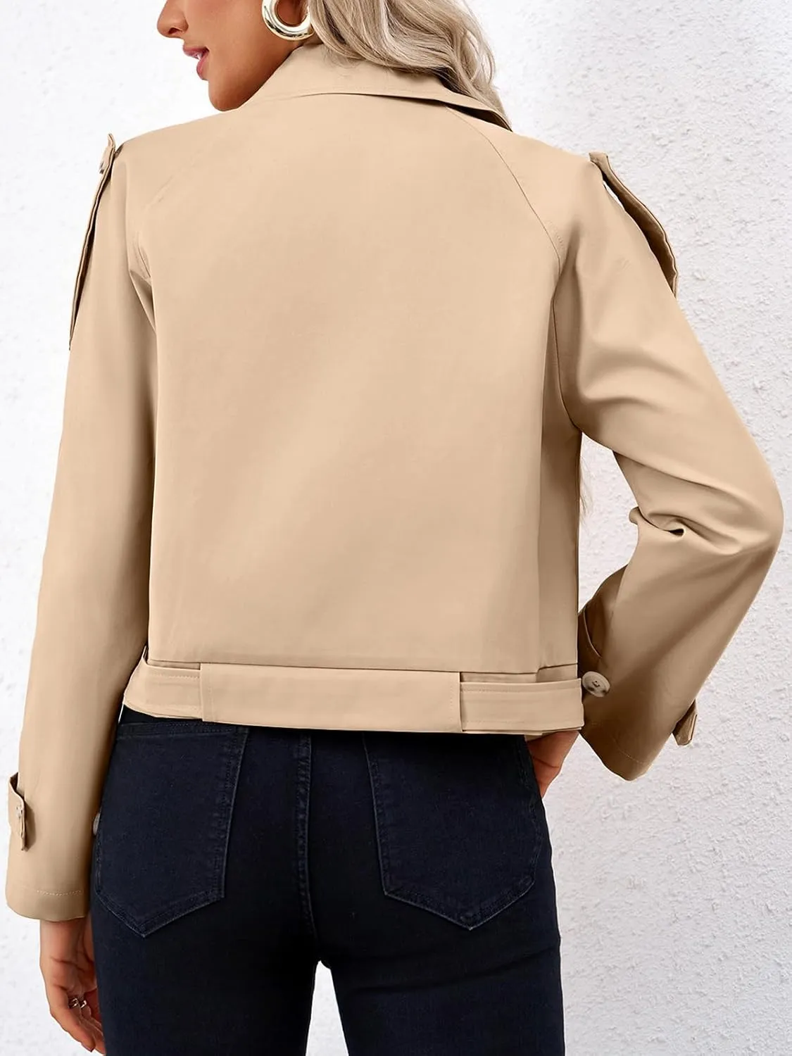 Imily Bela Womens Lapel Trench Coat Double Breasted Cropped Jacket Casual Outwear with Belt