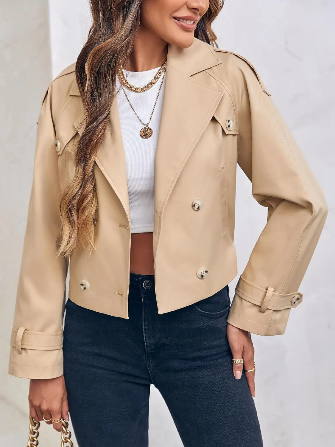 Imily Bela Womens Lapel Trench Coat Double Breasted Cropped Jacket Casual Outwear with Belt
