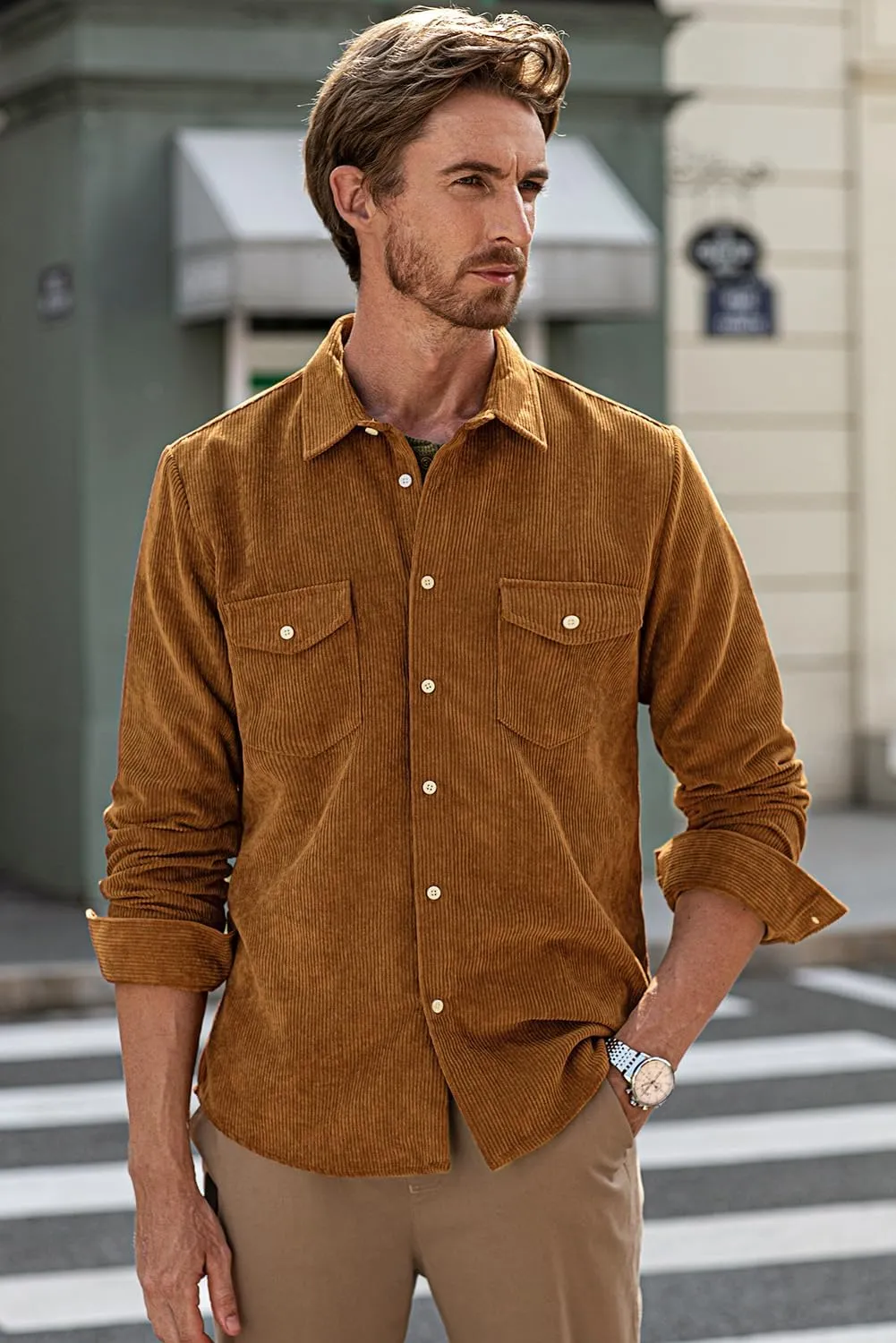 JMIERR Men's Corduroy Button Down Shirts Casual Long Sleeve Shacket Jacket with Flap Pockets