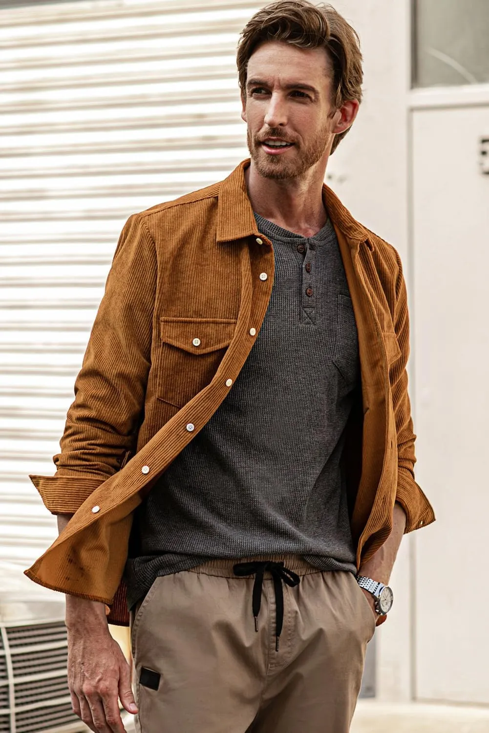 JMIERR Men's Corduroy Button Down Shirts Casual Long Sleeve Shacket Jacket with Flap Pockets