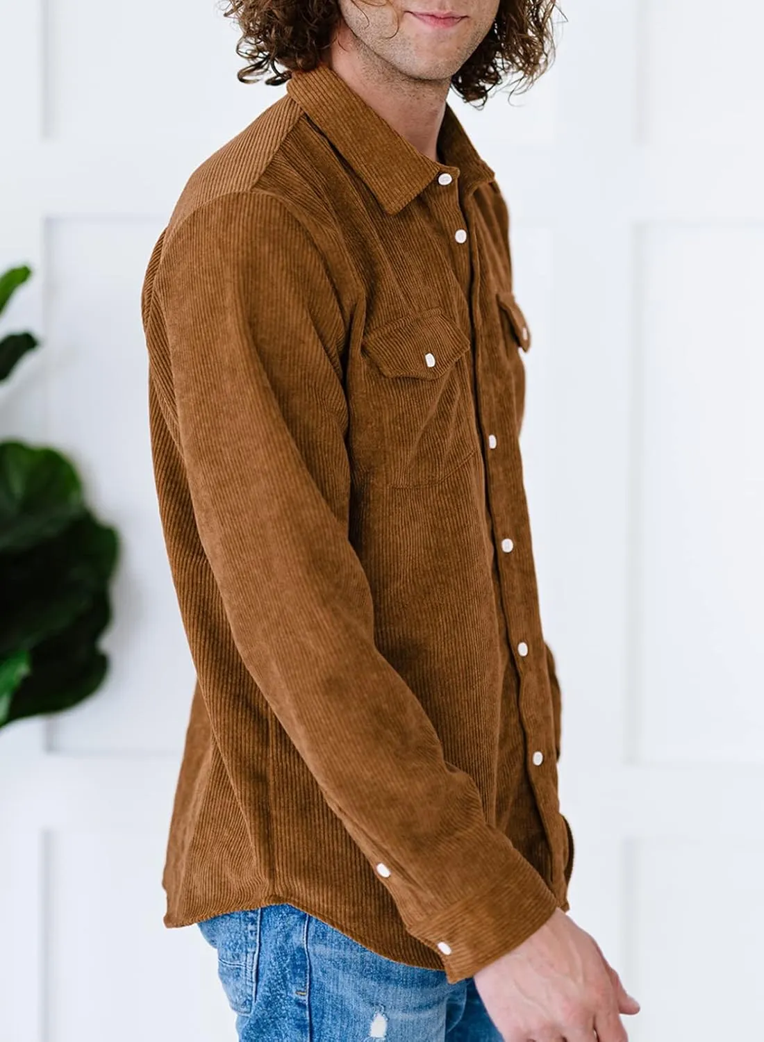 JMIERR Men's Corduroy Button Down Shirts Casual Long Sleeve Shacket Jacket with Flap Pockets