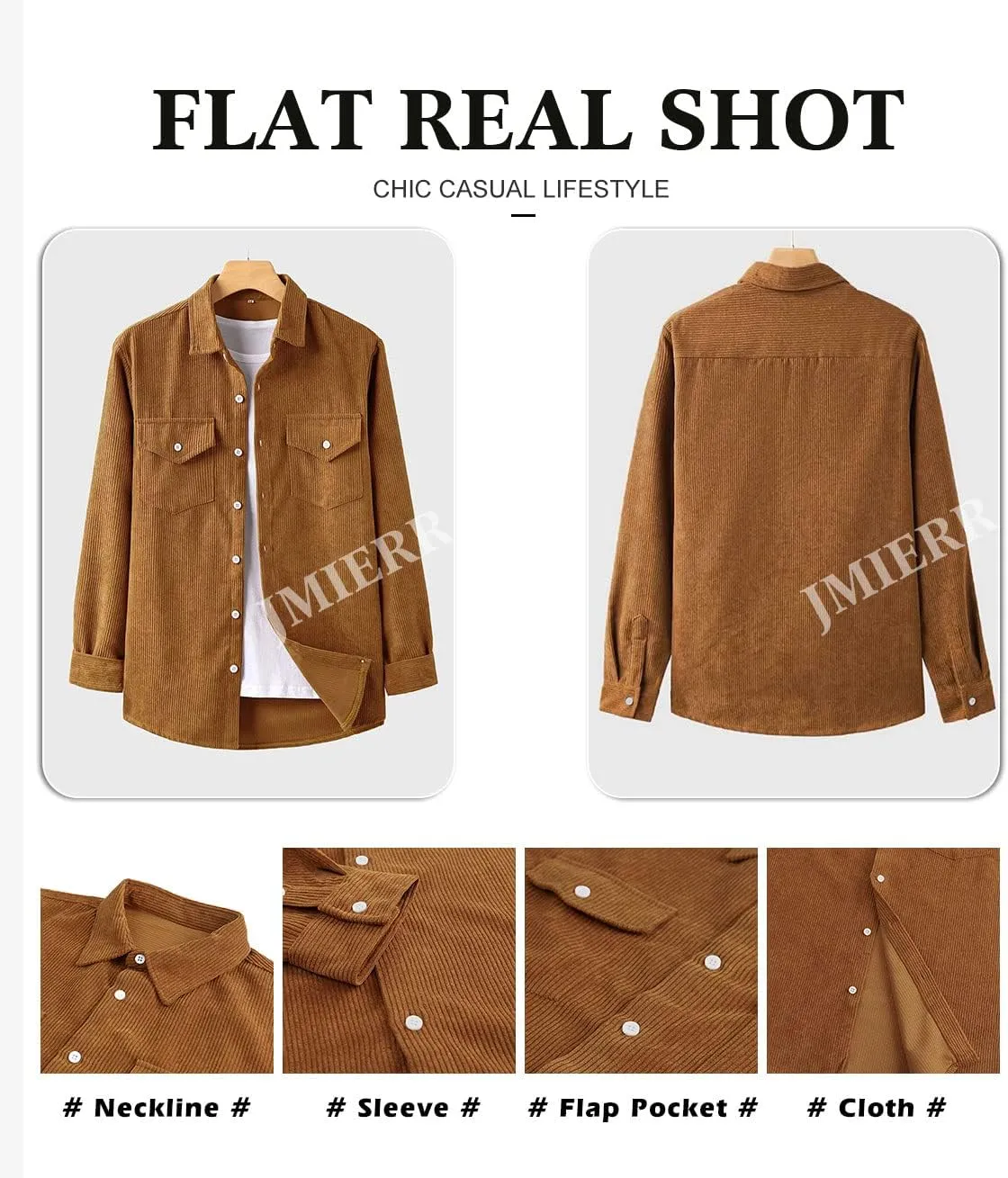 JMIERR Men's Corduroy Button Down Shirts Casual Long Sleeve Shacket Jacket with Flap Pockets