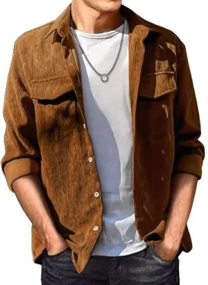 JMIERR Men's Corduroy Button Down Shirts Casual Long Sleeve Shacket Jacket with Flap Pockets