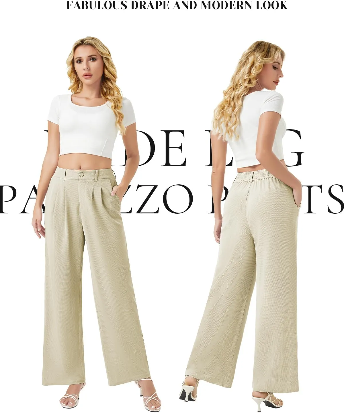 keriffe Womens Wide Leg Work Pants Waffle Knit High Waisted Button Down Casual Dress Palazzo Trousers Pockets