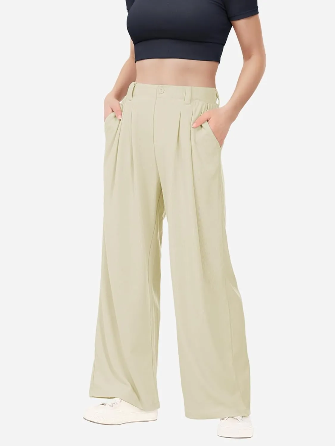 keriffe Womens Wide Leg Work Pants Waffle Knit High Waisted Button Down Casual Dress Palazzo Trousers Pockets