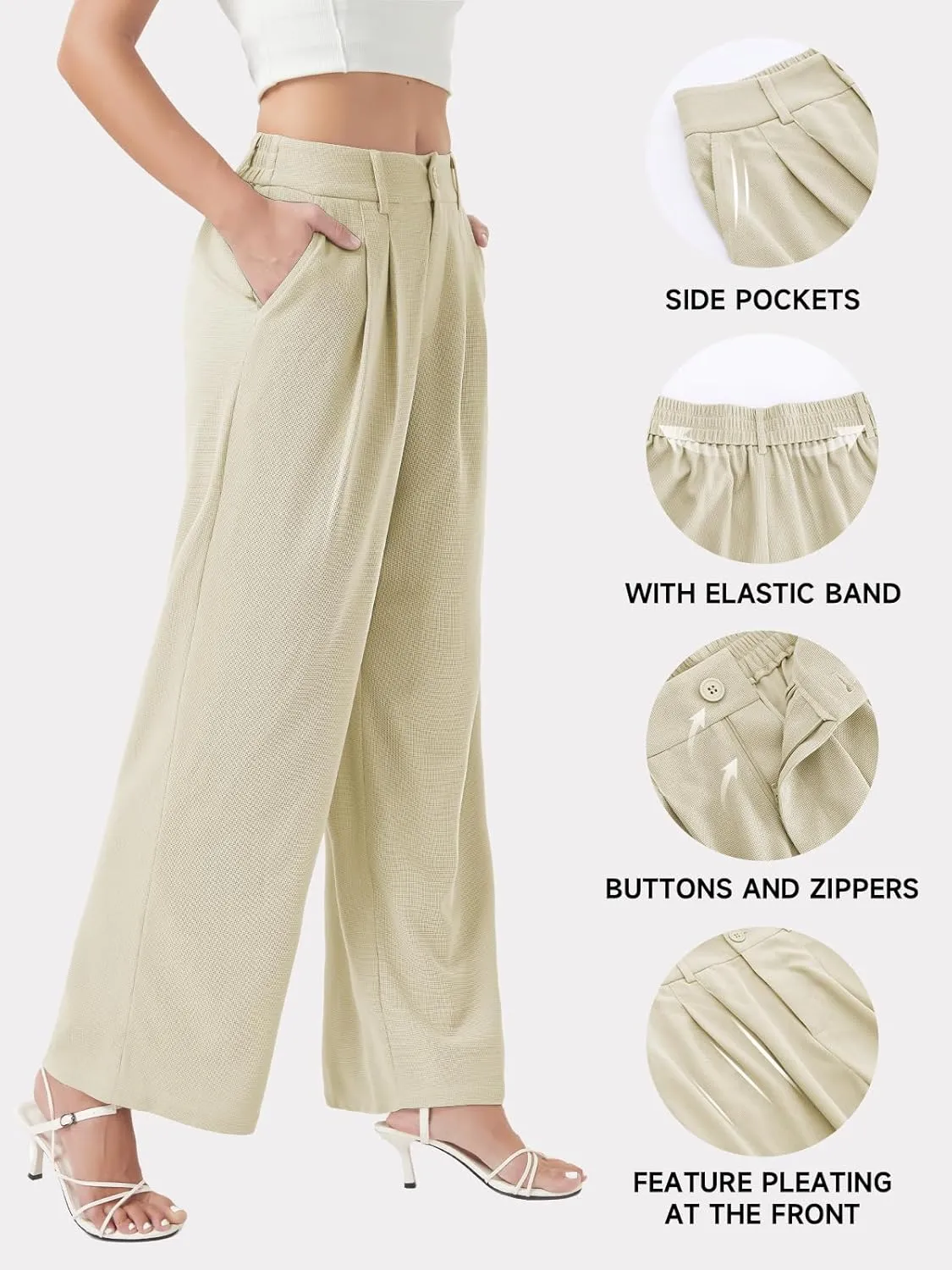 keriffe Womens Wide Leg Work Pants Waffle Knit High Waisted Button Down Casual Dress Palazzo Trousers Pockets