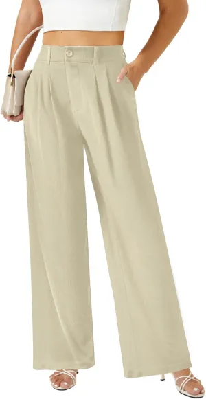 keriffe Womens Wide Leg Work Pants Waffle Knit High Waisted Button Down Casual Dress Palazzo Trousers Pockets