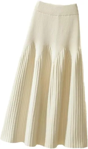 Knitted Midi Skirts Women Solid Pleated A Line Skirt Autumn Winter Korean Elegant High Waist Slim All Match Skirt