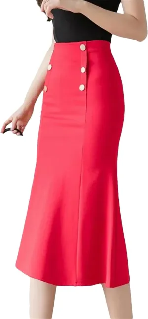 Korean High Waist Black Midi Skirt Women Clothes Button Party Red Skirt