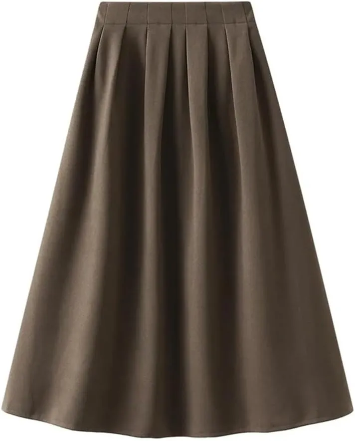 Korean Style High Waist Pleated Skirts Solid Office A-Line Midi Skirt Loose Slim-Looking Skirt
