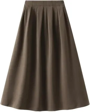 Korean Style High Waist Pleated Skirts Solid Office A-Line Midi Skirt Loose Slim-Looking Skirt