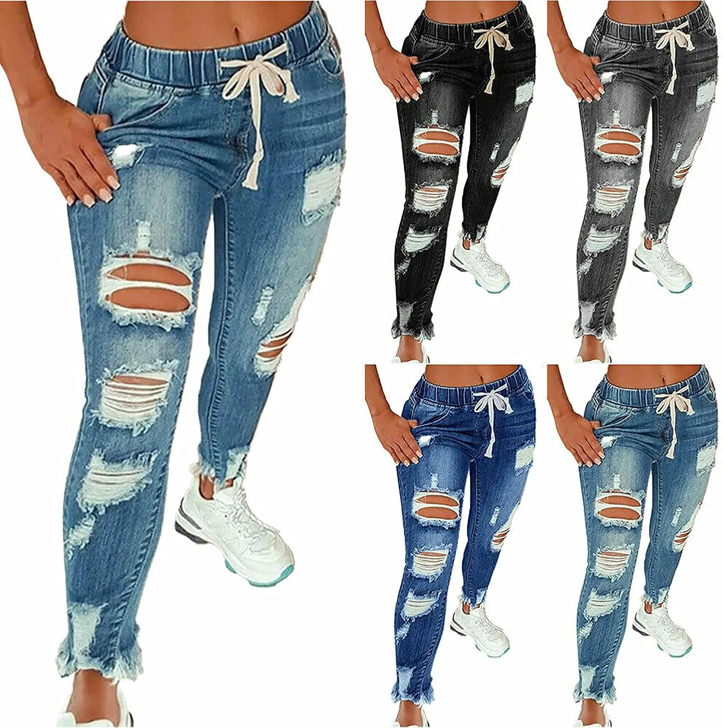 KUNMI Women High Waist Skinny Stretch Ripped Jeans Destroyed Denim Pants Plus Size