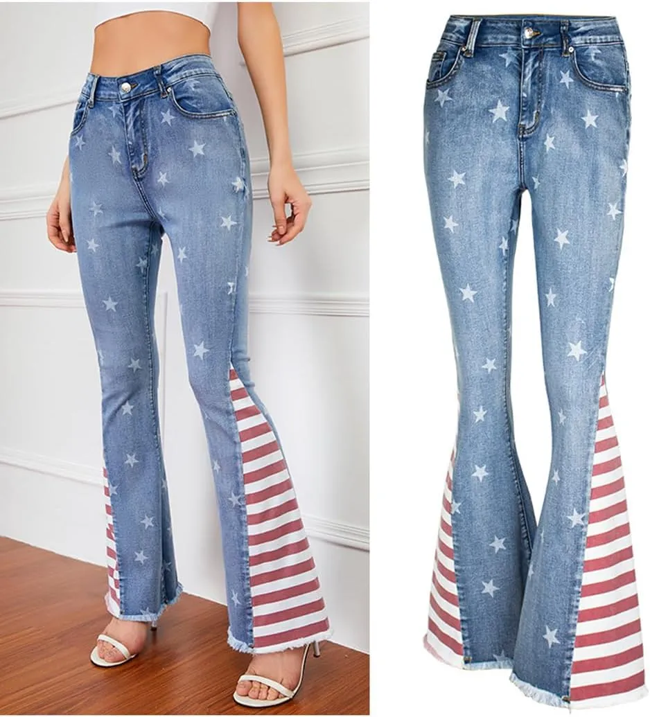LAFOURAM Bell Bottom Jeans for Women High Waist Flared Wide Leg Floral Embroidered Denim Pants