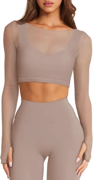 LASLULU Mesh Long Sleeve Crop Tops for Women Double Lined Workout Athletic Gym Shirts Cropped Tops with Built in Bra