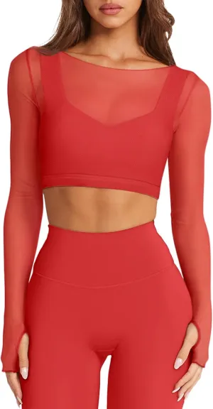 LASLULU Mesh Long Sleeve Crop Tops for Women Double Lined Workout Athletic Gym Shirts Cropped Tops with Built in Bra