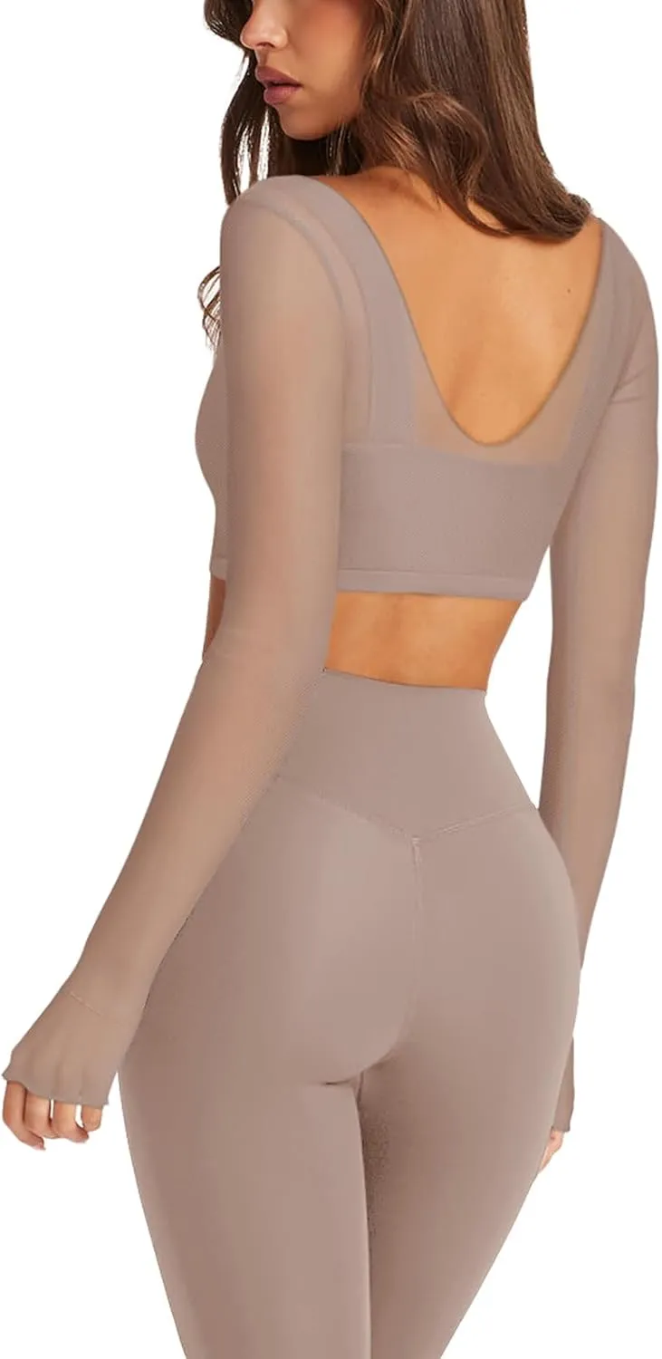 LASLULU Mesh Long Sleeve Crop Tops for Women Double Lined Workout Athletic Gym Shirts Cropped Tops with Built in Bra