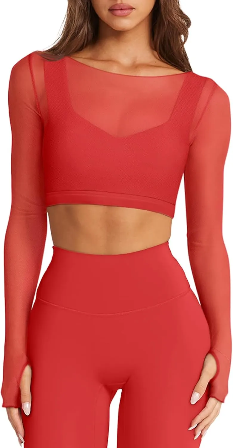 LASLULU Mesh Long Sleeve Crop Tops for Women Double Lined Workout Athletic Gym Shirts Cropped Tops with Built in Bra