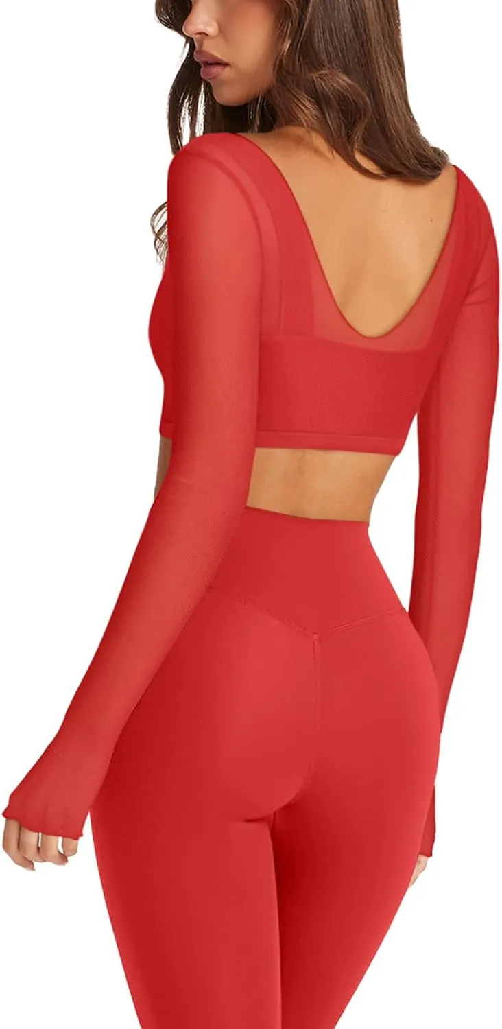 LASLULU Mesh Long Sleeve Crop Tops for Women Double Lined Workout Athletic Gym Shirts Cropped Tops with Built in Bra