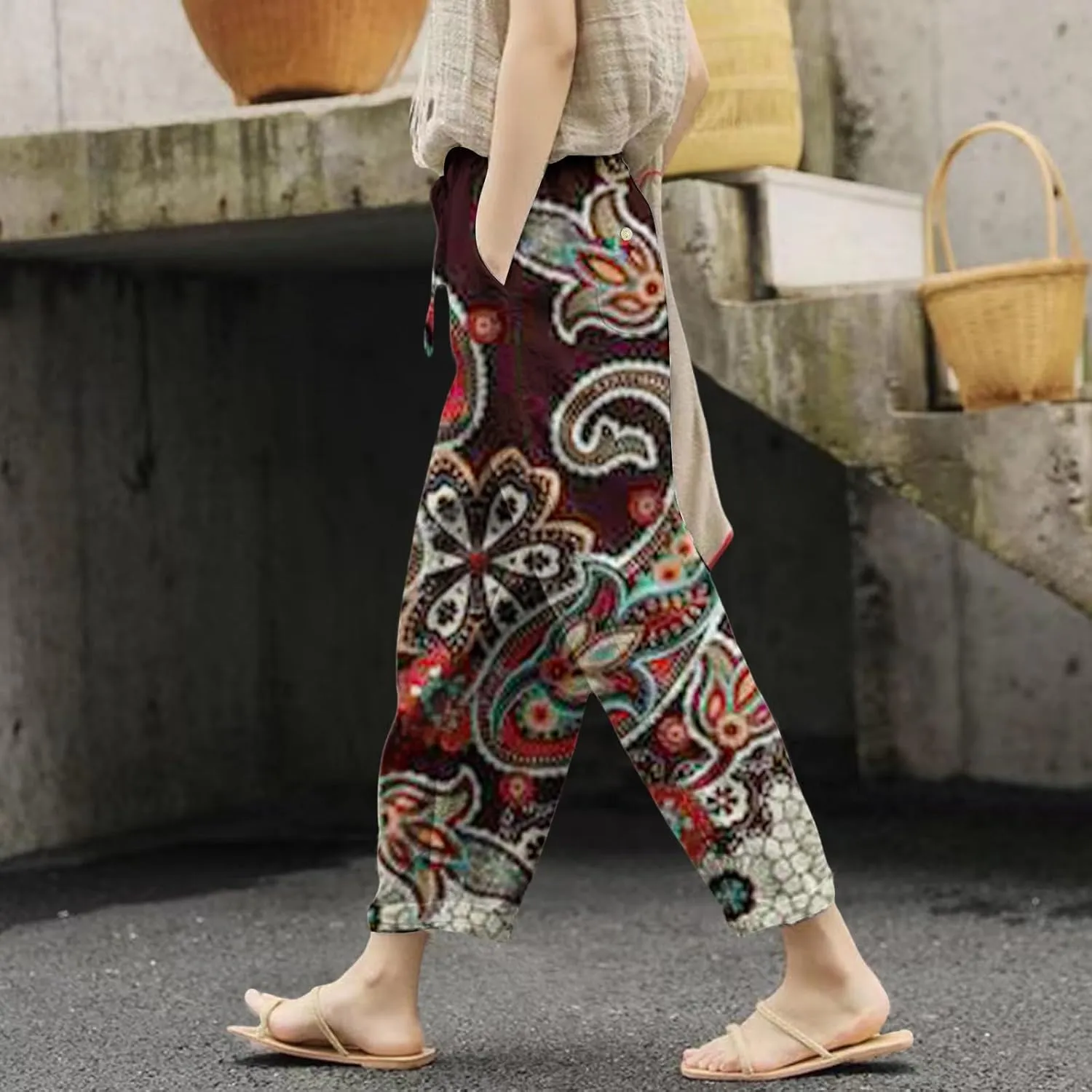 Leggings with Pockets for Women Drawstring Pants Plus Size Trendy Striped Spring Summer Gauze Pants Linen Pants Yoga
