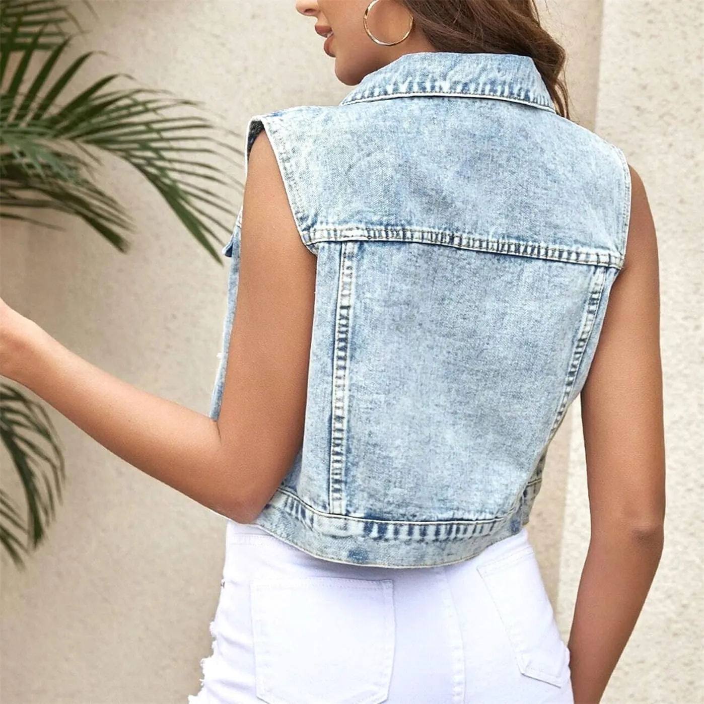 LifeShe Cropped Denim Vest Women Distressed Sleeveless Jean Jacket Casual Spread Collar Button Down Waistcoat