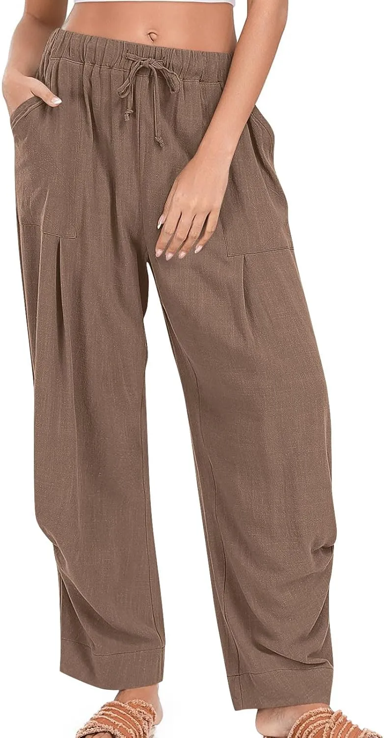 Linen Pants for Women Pleated Elastic Waist Drawstring Womens Summer Pants with Pockets High Waisted Palazzo Trousers