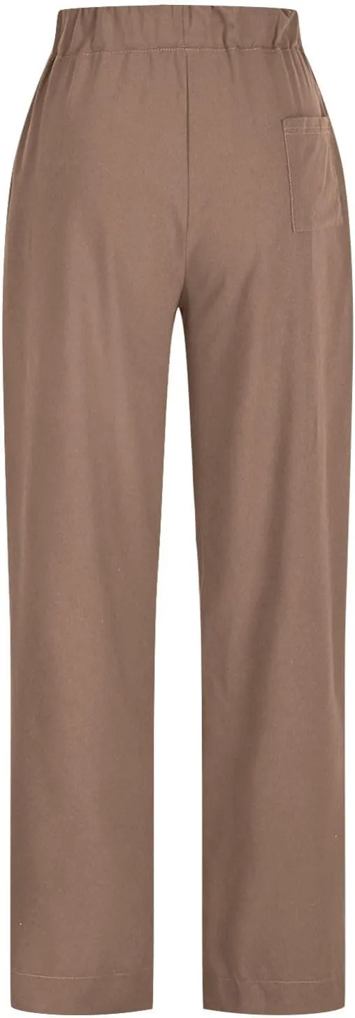 Linen Pants for Women Pleated Elastic Waist Drawstring Womens Summer Pants with Pockets High Waisted Palazzo Trousers