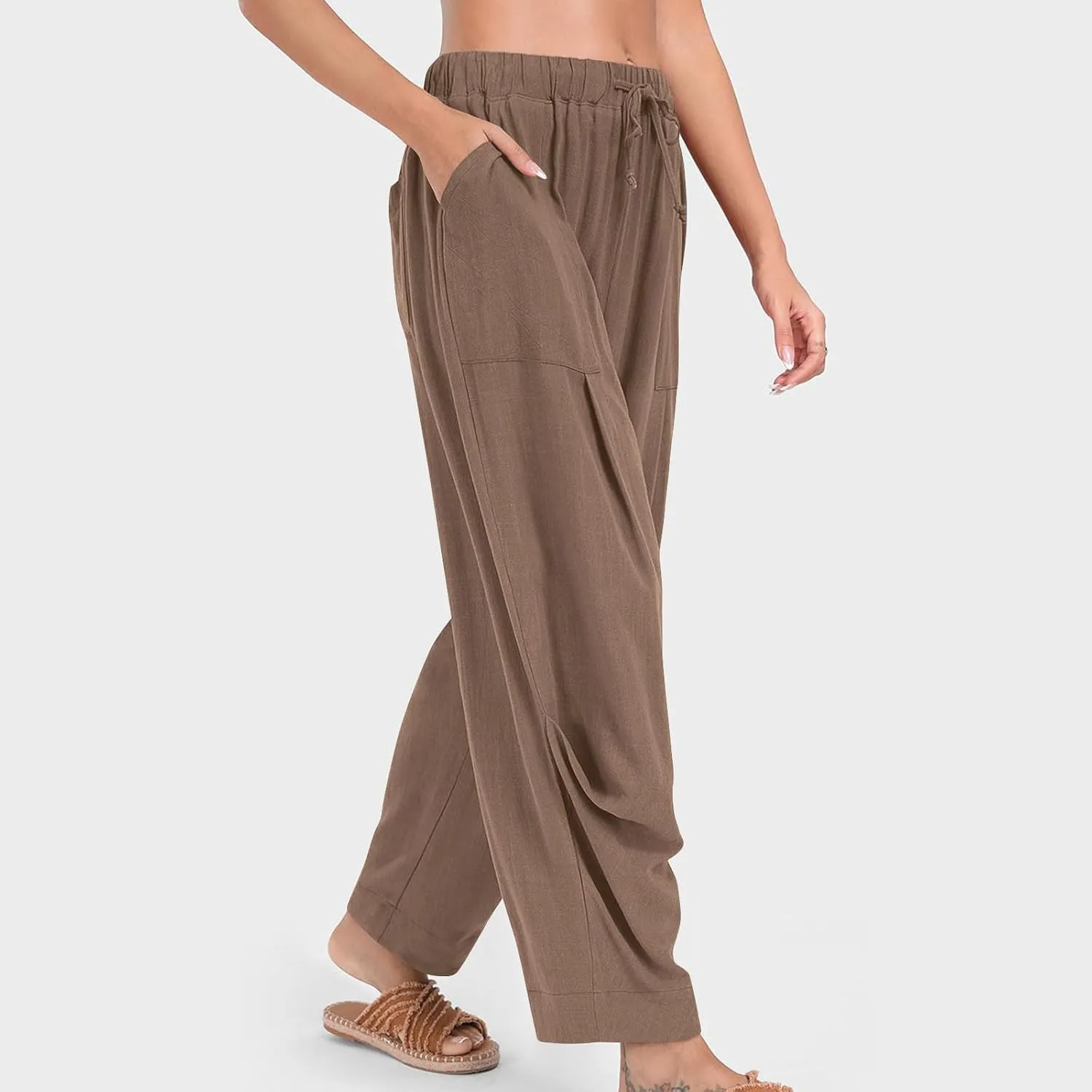 Linen Pants for Women Pleated Elastic Waist Drawstring Womens Summer Pants with Pockets High Waisted Palazzo Trousers