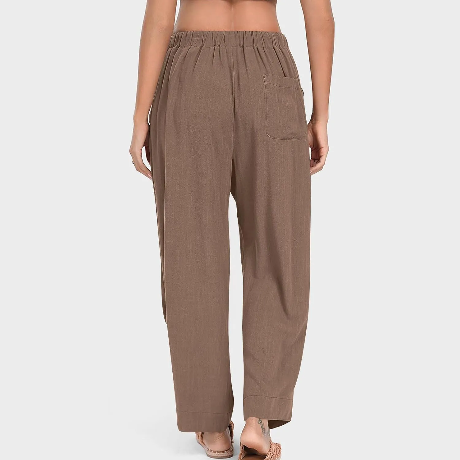 Linen Pants for Women Pleated Elastic Waist Drawstring Womens Summer Pants with Pockets High Waisted Palazzo Trousers