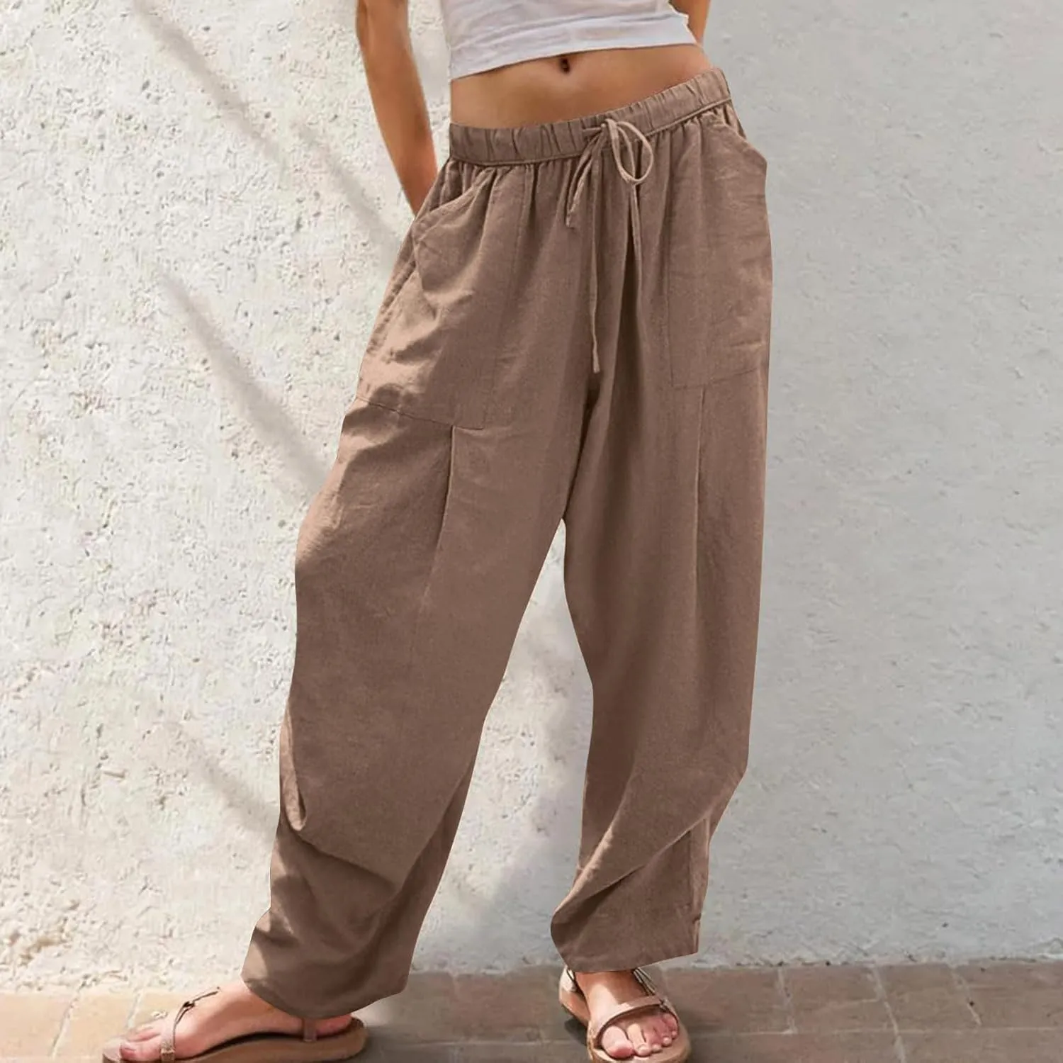 Linen Pants for Women Pleated Elastic Waist Drawstring Womens Summer Pants with Pockets High Waisted Palazzo Trousers
